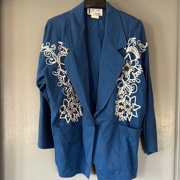 Vintage Tina Woo for Mass Blue Embellished Jacket One Button Pockets sz XL - Picture 1 of 6